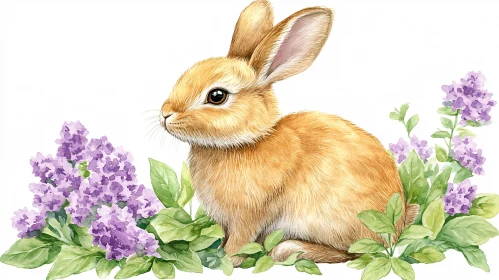 Watercolor Rabbit Among Lavender