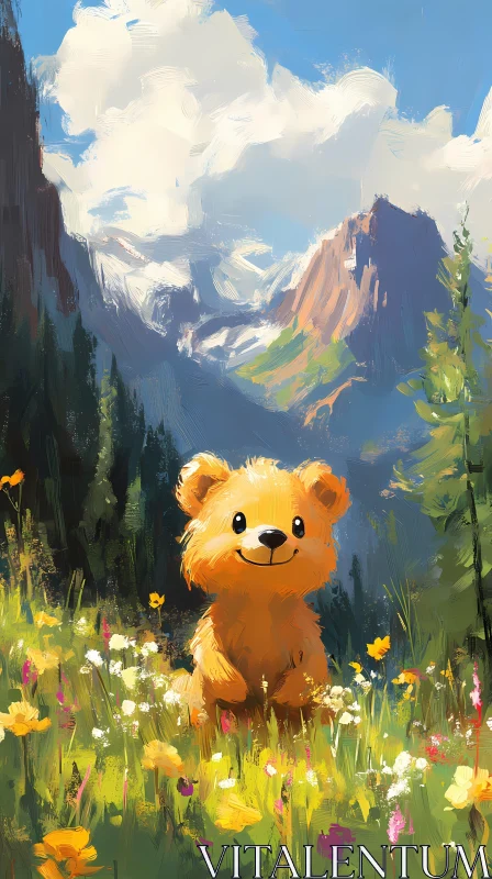 Bear Cub Amidst Wildflowers in the Mountains