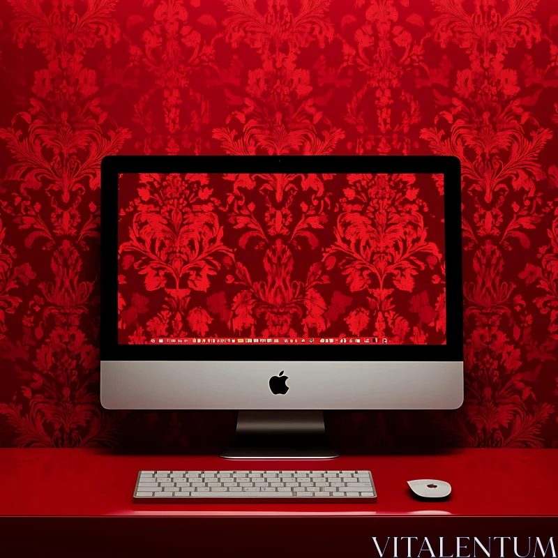 Apple iMac Setup with Red Damask Design