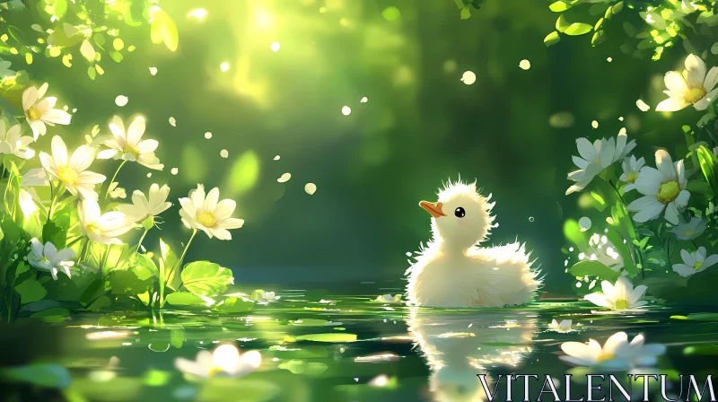 Gentle Duckling Among Flowers