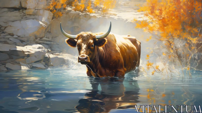 Golden Bull in Water - A Romanticized Depiction of Country Life AI Image