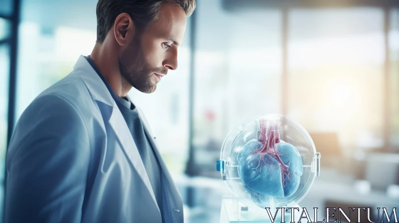 Hyper-Realistic Sci-Fi Art: Male Doctor Observing Heart Model in Glass Vitrine AI Image