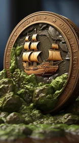Maritime Scene: Detailed Pirate Coin Amidst Layered Landscapes
