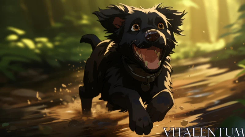 Playful Black Dog Running in Vibrant Forest - Animated Graphic AI Image