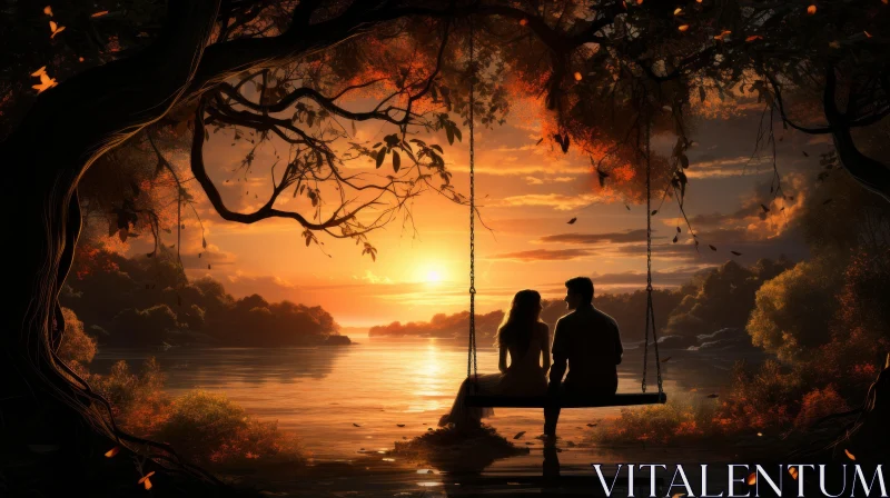 Romantic Sunset - Couple on Swing Overlooking Tranquil Waters AI Image