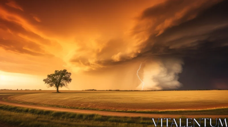 Thunderstorm over Field and Tree - Captivating Nature Photography AI Image