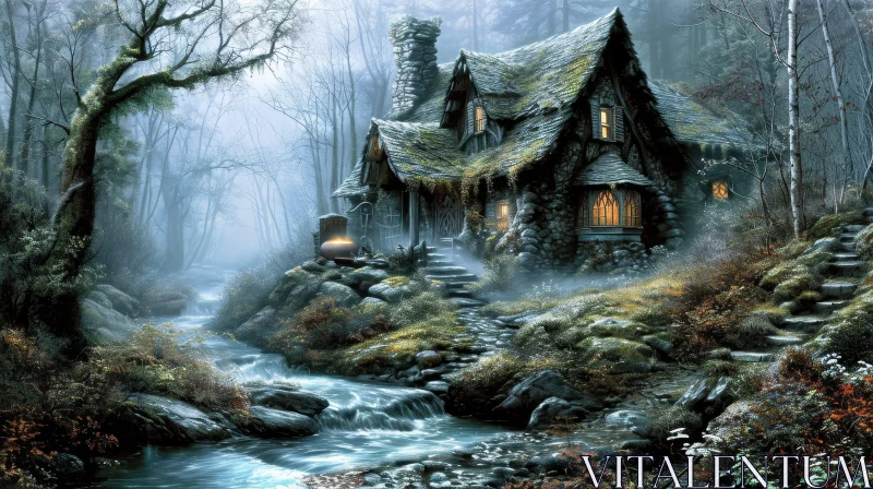 Tranquil Stone Cottage in the Woods - Nature Painting