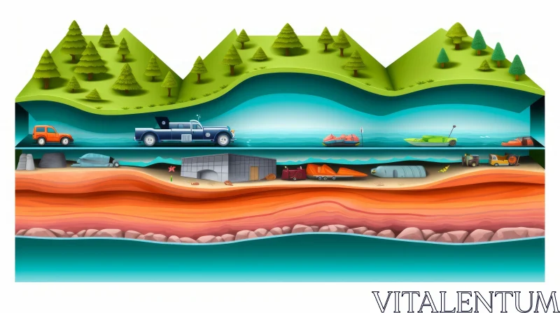 Underground Water Reservoir with Cars and Boats - Graphic Compositions AI Image