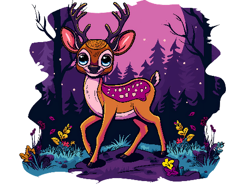 Whimsical Forest Night with Cartoon Deer - A Magical Wonderland