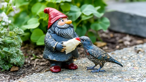 Garden Gnome Sharing Paper with Bird