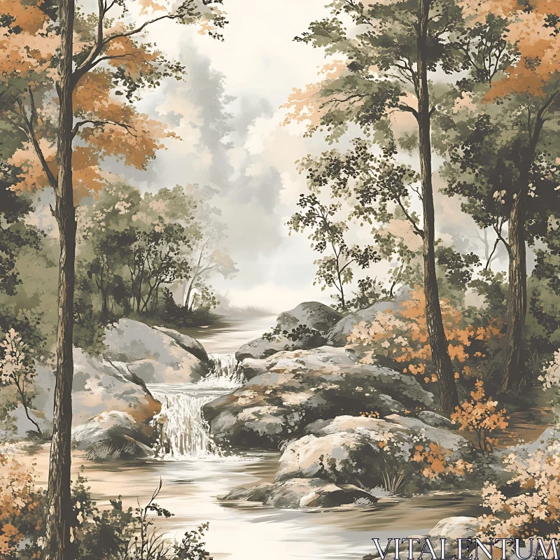 Peaceful Autumn Forest with Cascade AI Image