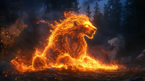 Blazing Lion in a Forest at Night