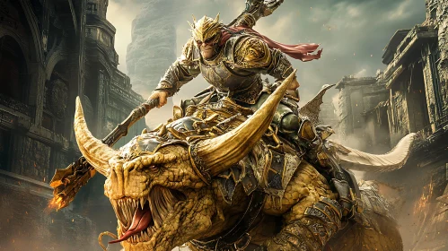 Armored Rider on Dragon in Ancient City