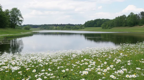 Picturesque Lake with Reflections and Wildflowers