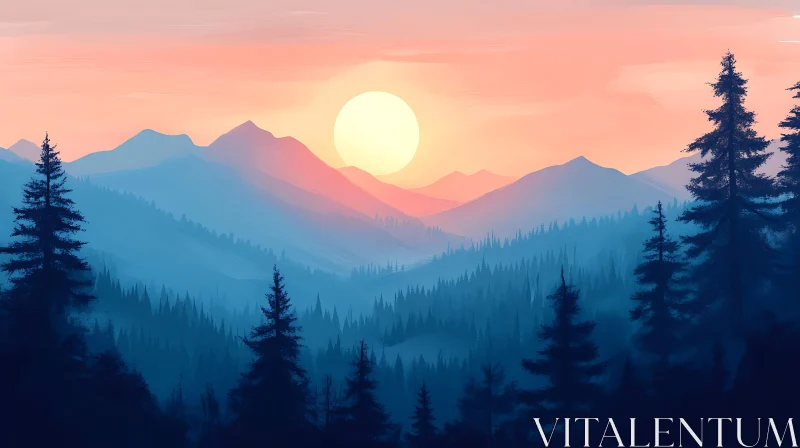 AI ART Tranquil Mountain Scenery with Sunset