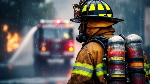 Firefighter Battling Blaze Under Rain
