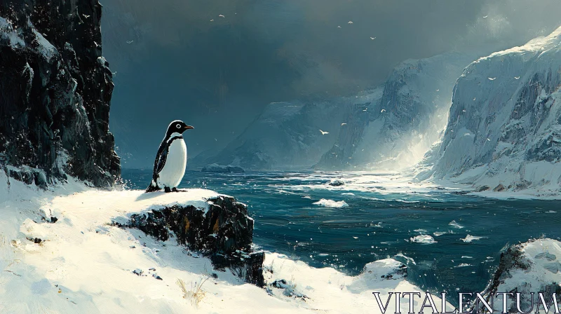 AI ART Penguin and Icy Ocean View