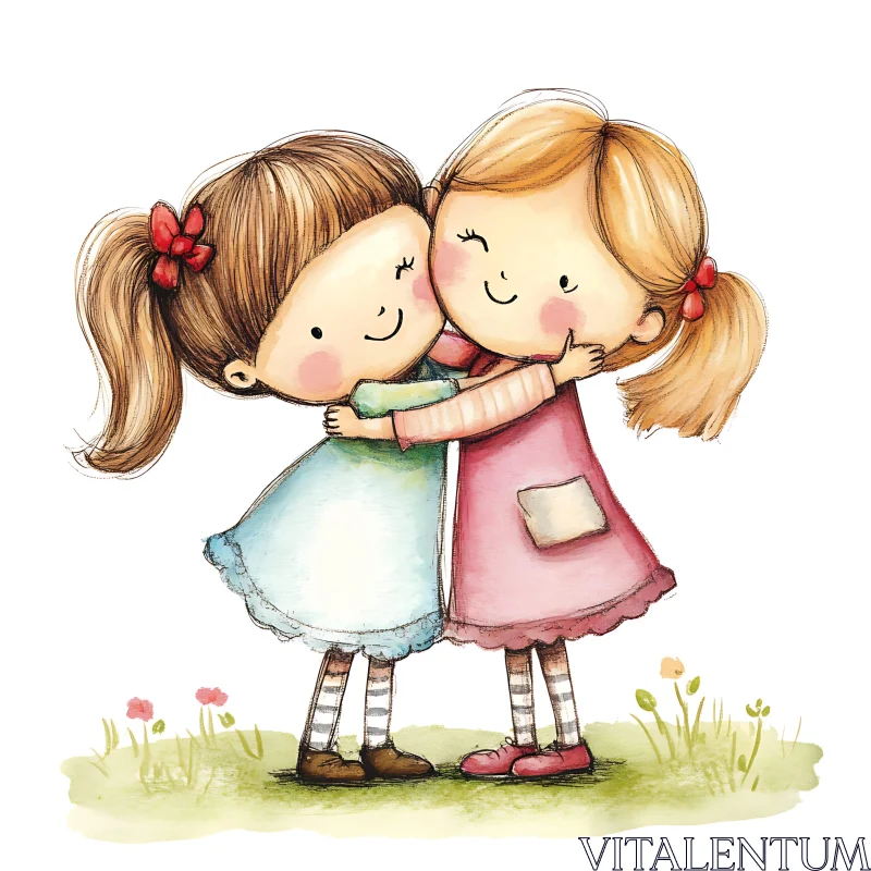 Two Young Friends Embrace in Pastel Colors AI Image