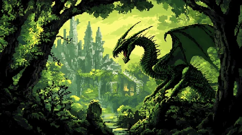 Pixelated Dragon in Forest Landscape