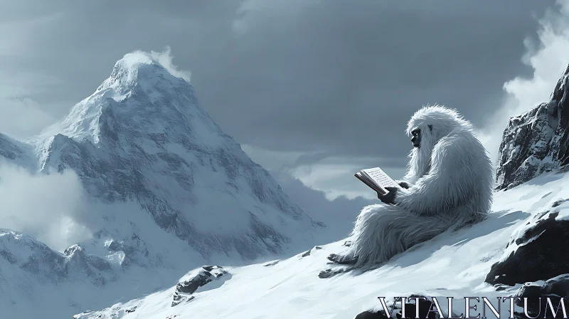 AI ART Abominable Snowman Reads in the Mountains