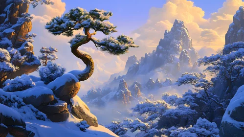 Winter Mountain Vista with Snow-laden Trees