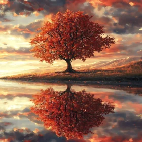 Tranquil Sunset Tree Reflection Art