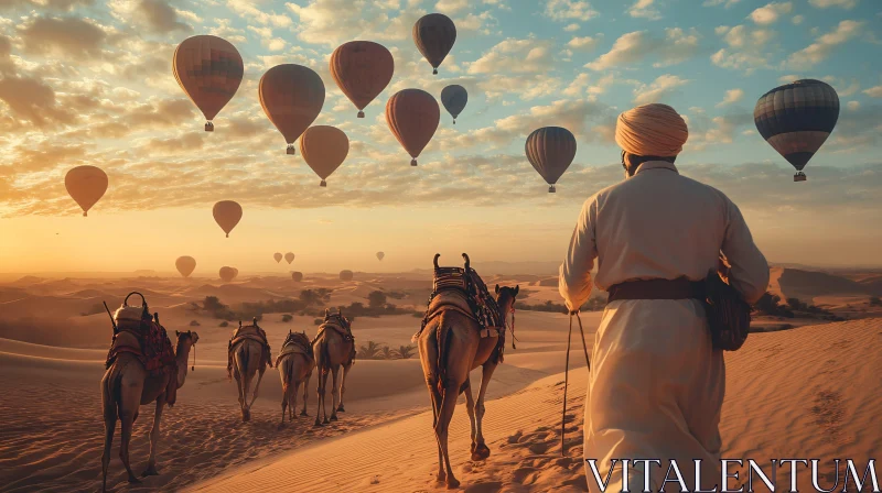 Tranquil Desert Scene with Camels and Balloons AI Image