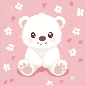 Cute White Bear Plush on Floral Pink