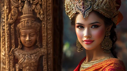 Ornate Headdress Woman Beside Stone Figure