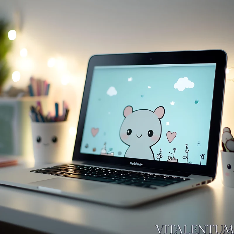 Adorable Cartoon Display on Laptop in Modern Desk Setup AI Image