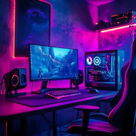 RGB Lit Gaming PC Setup with Pink and Purple Neon Lights