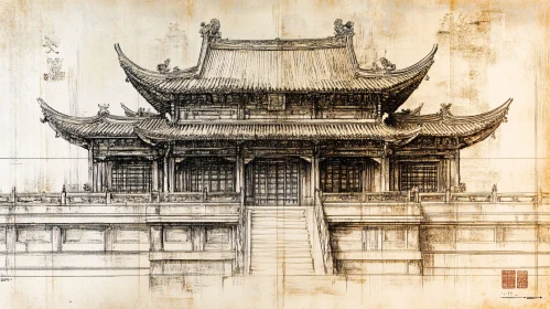 Monochrome Drawing of Traditional Asian Temple