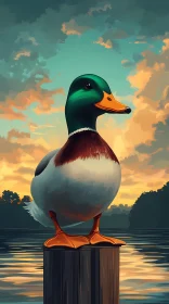 Serene Pond with Duck at Sunset