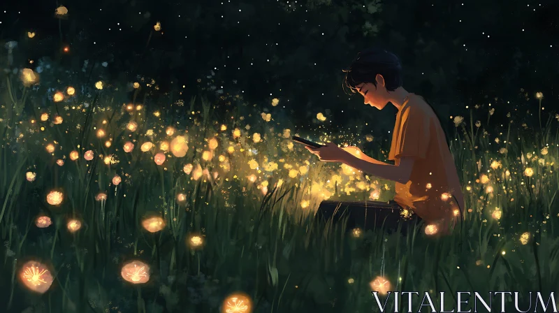 AI ART Glowing Meadow Scene with Boy and Fireflies