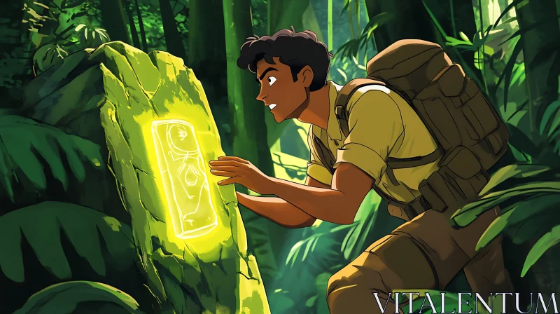 AI ART Man Encounters Glowing Stone in Jungle