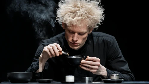 Dark Portrait of Man with Smoking Incense