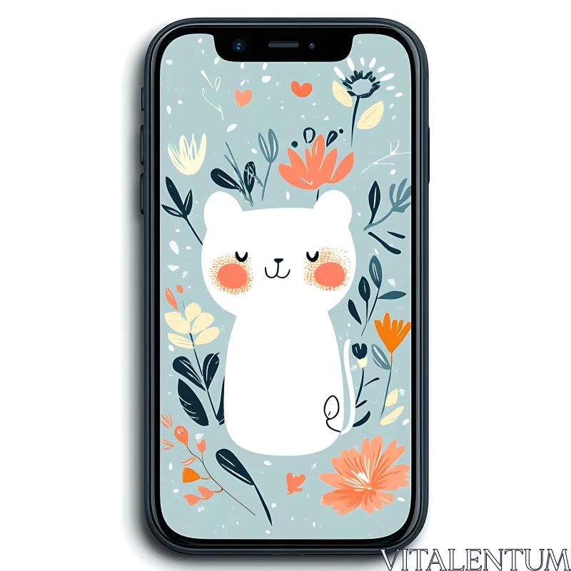 Cute Bear and Flowers on Smartphone Screen AI Image