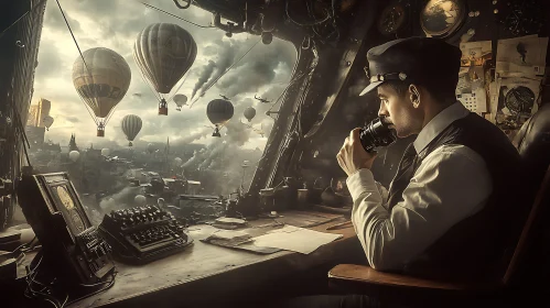 Man Observes Steampunk Cityscape