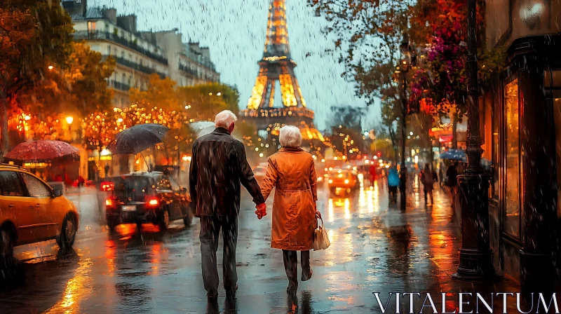 Elderly Couple Walking in Paris Rain AI Image