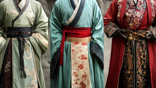 Three Asian Robes in Green Teal and Red