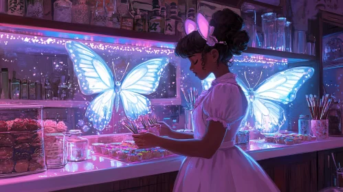 Neon Butterfly Dreamscape with Woman