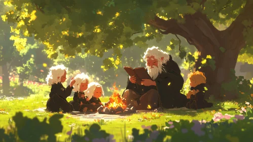 Children Gathered Around Campfire Listening to Stories