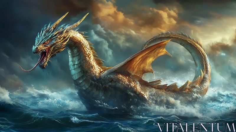 AI ART Golden Dragon in the Tempestuous Sea