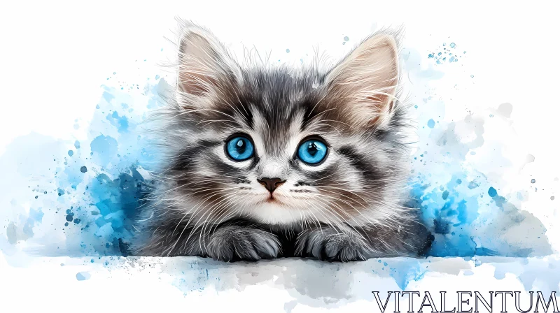 Fluffy Kitten Art with Blue Splashes AI Image