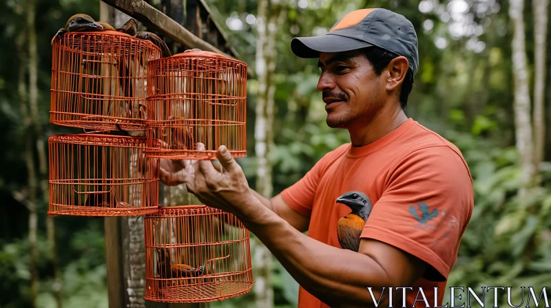 Man Holding Caged Birds AI Image