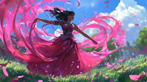 Lady in Pink Dress with Flower Petals