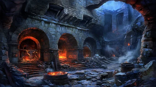 Ancient Dungeon with Arches and Fire