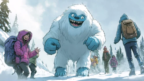 Snowy Mountain Adventure: Yeti and Hikers