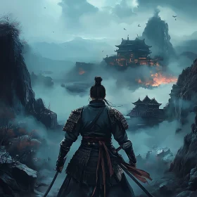 Contemplative Warrior Overlooking Mountains