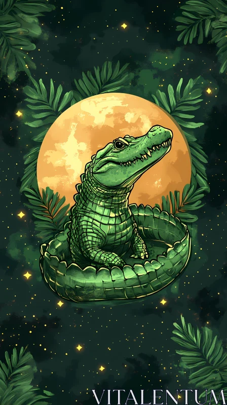 Moonlit Alligator Illustration AI Image